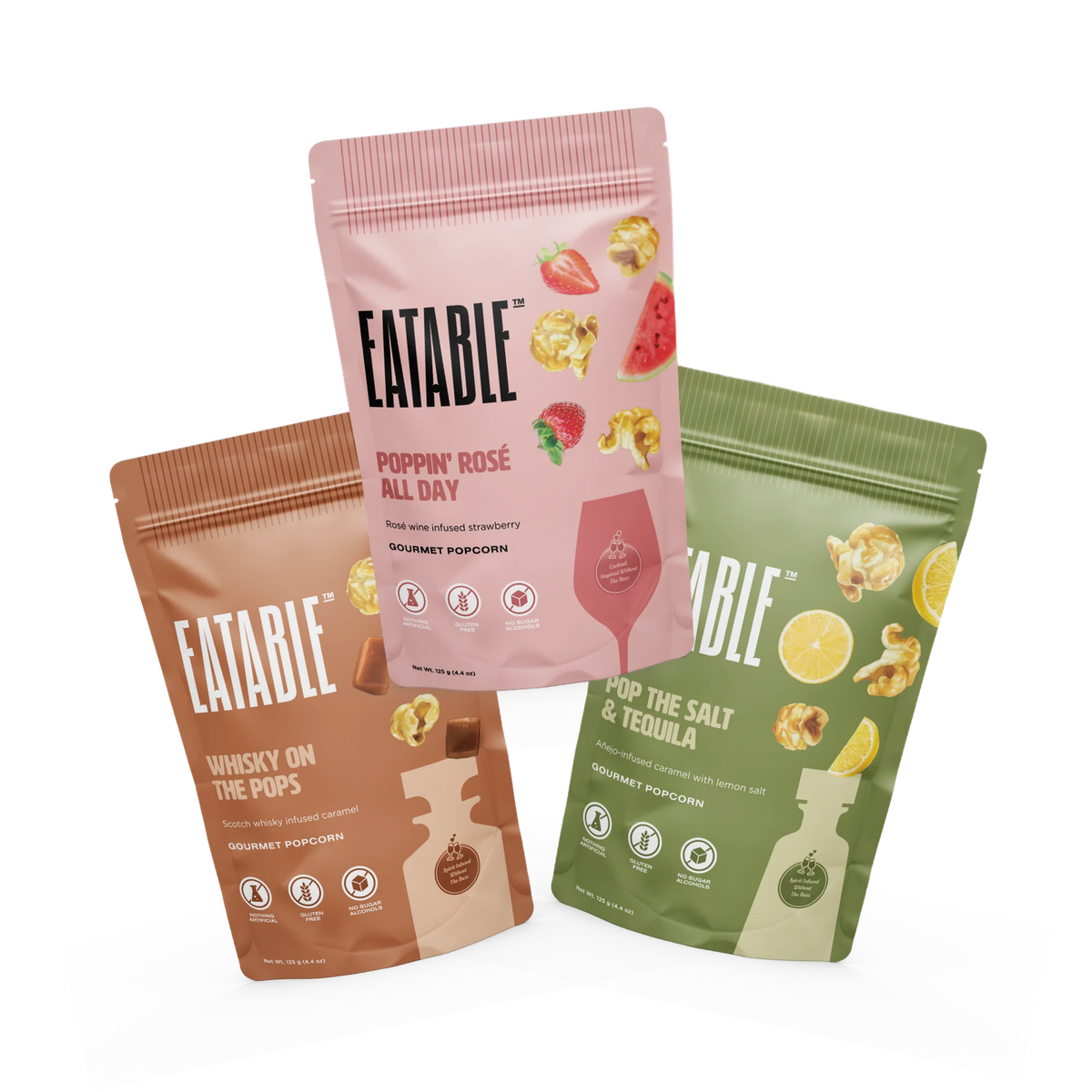 The Fall Snacking Trio: Whisky on the Pops, Poppin' Rosé All Day and Pop the Salt & Tequila bags
